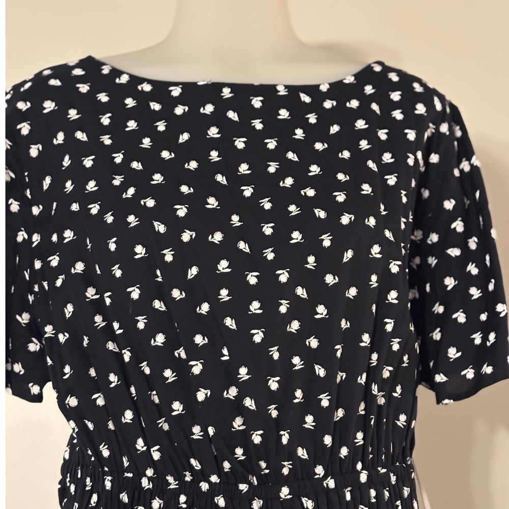 Croft & Barrow Midi Dress Women XL Black White Floral Elastic waist boatneck NEW